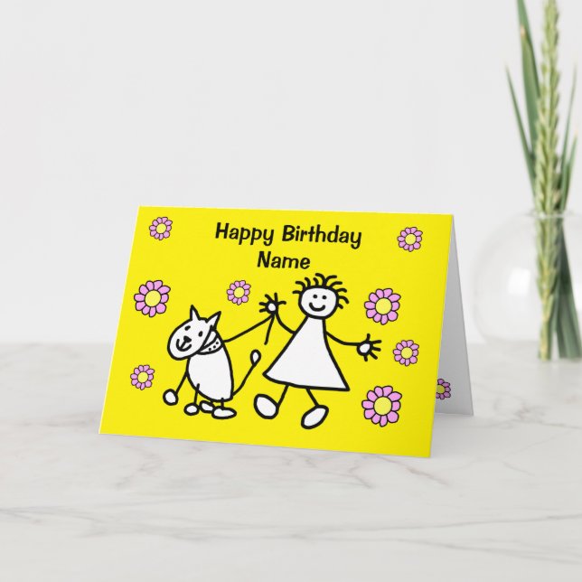 Carte Fille mignonne promenant son chien pour son annive (Devant)