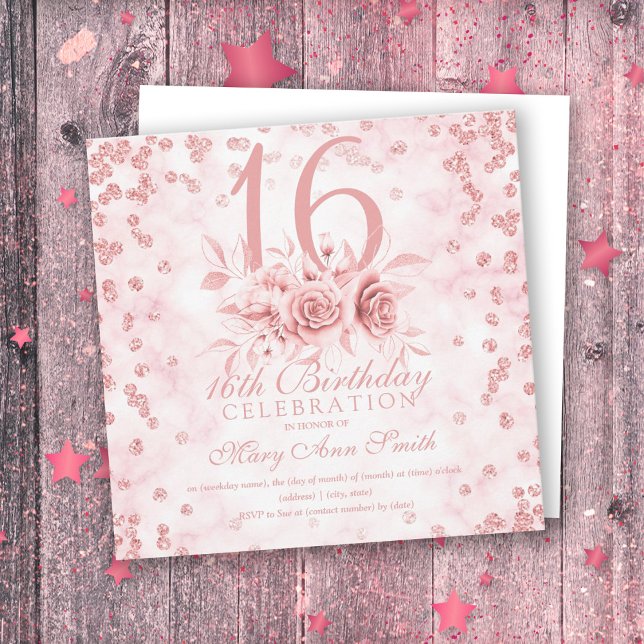 Carte Fille Parties scintillant de marbre Rose or Floral (Créateur téléchargé)