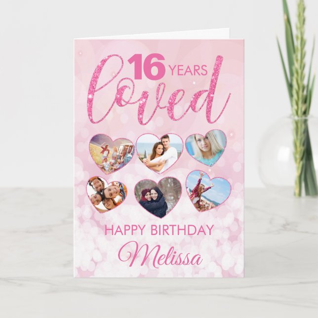Carte Fille Parties scintillant rose 16e anniversaire Ph (Devant)