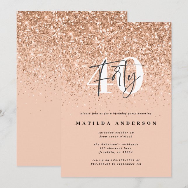 Carte Fille parties scintillant scintille moderne 40e an (Devant / Derrière)