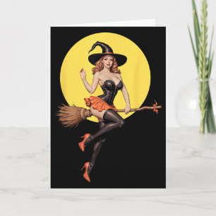 Carte Fille pin-up sorcière d'Halloween à cheval sur un