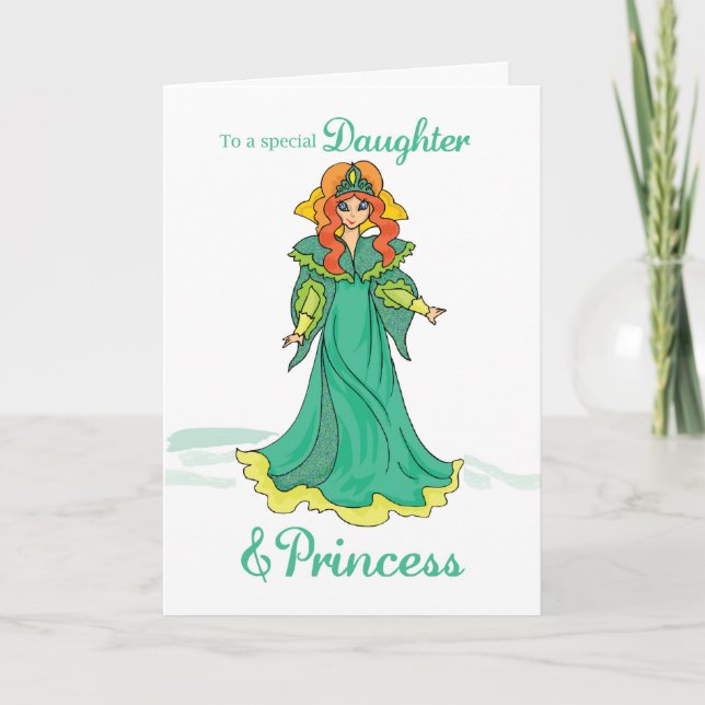 Carte Fille Princesse Anniversaire, Vert (Devant)