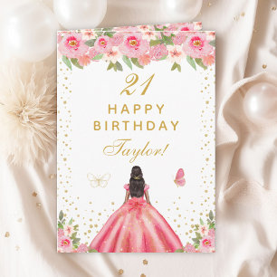 Carte Fille rose florale foncée de la peau Joyeux annive
