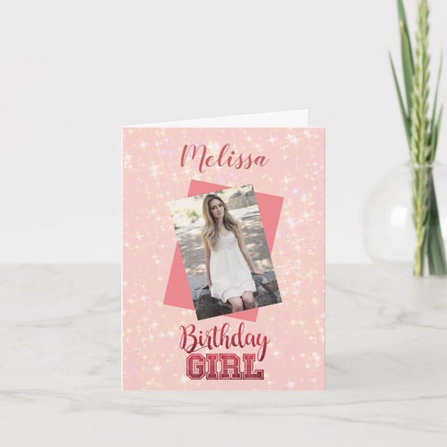 Carte Fille Rose Photo personnalisée|Nom Pink Sparkle An (Devant)