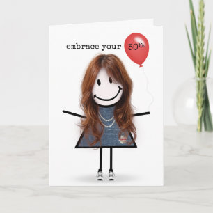 Carte Fille stick figure 50 ans avec ballon rouge