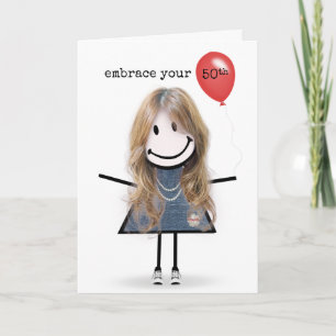 Carte Fille stick figure 50 ans avec ballon rouge