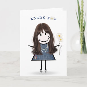 Carte Fille Stick Figure Merci avec des Marguerites