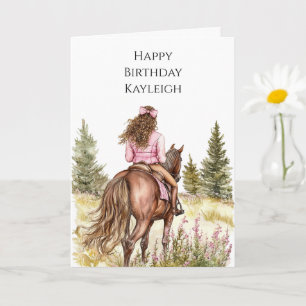 Carte Fille sur cheval Arbres Fleurs Anniversaire