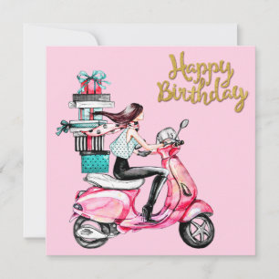 Carte Fille sur scooter transportant des cadeaux