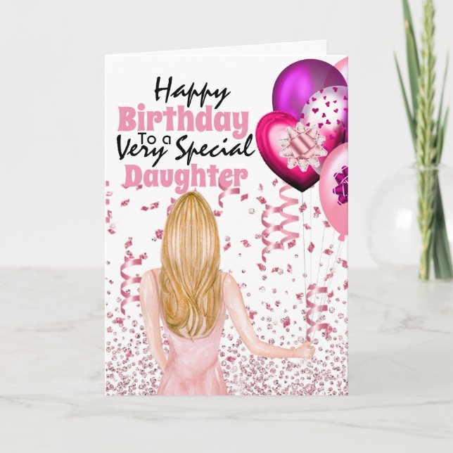 Carte Fille tenant des ballons roses confetti anniversai (Devant)