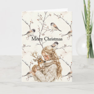 Carte Fille tenant des cerfs oiseaux arbre crème Noël