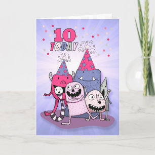 Carte Filles 10e anniversaire rose n mauve monstres de d