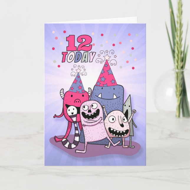 Carte Filles 12e anniversaire du Monstre rose et pourpre (Devant)