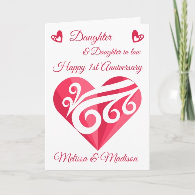 Carte Filles 1er anniversaire Mariage Coeur rose (Devant)