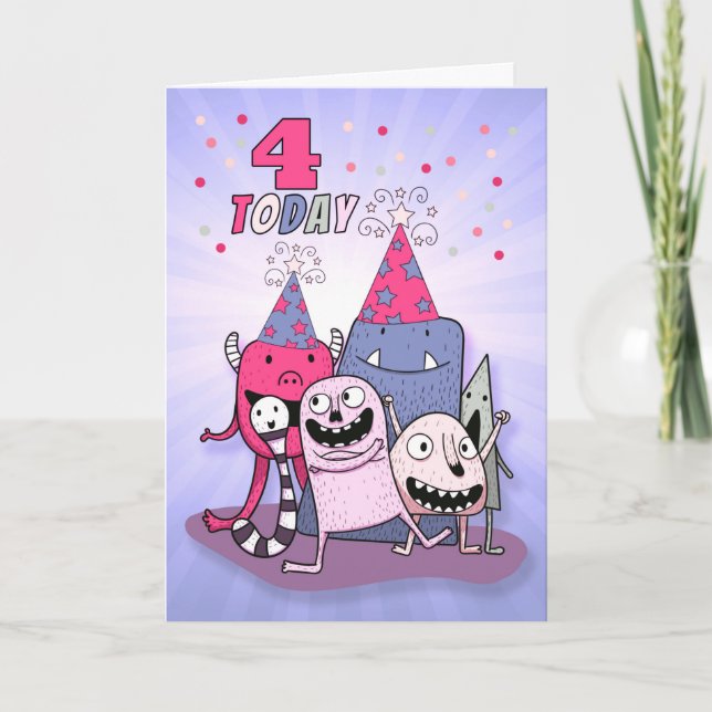 Carte Filles 4e anniversaire rose n mauve monstres de de (Devant)