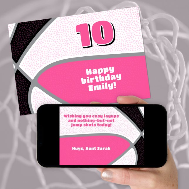 Carte filles basket heureux anniversaire rose noir (front view of greeting card as printed and back view of card as downloaded on phone)