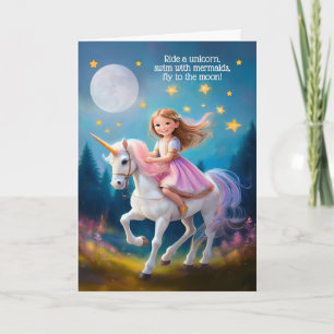 Carte Filles Birthday Ride a Unicorn Vol vers la Lune