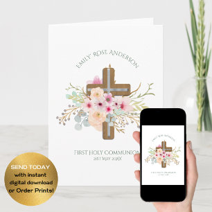 Carte Filles Première Sainte Communion Croix Florale Cus