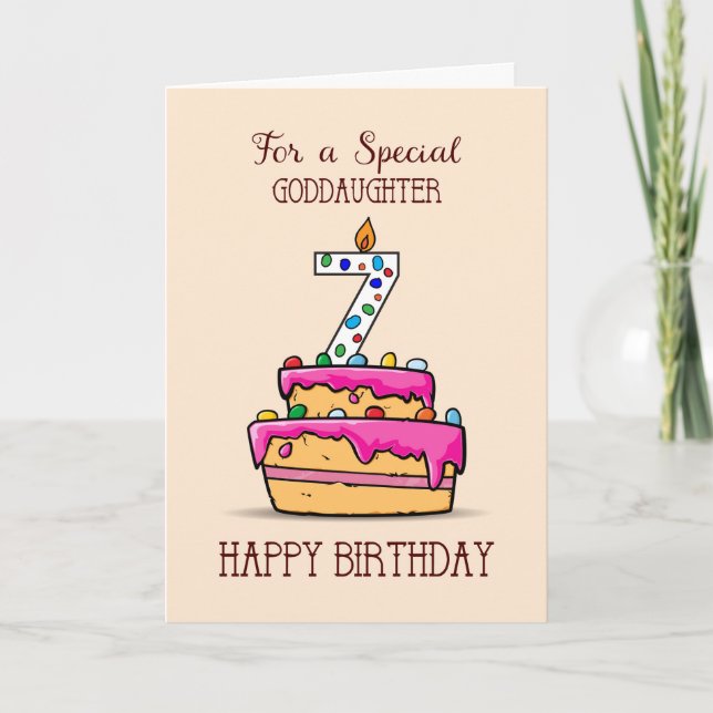 Carte Filleule 7ème anniversaire, 7 sur un gâteau rose s (Devant)