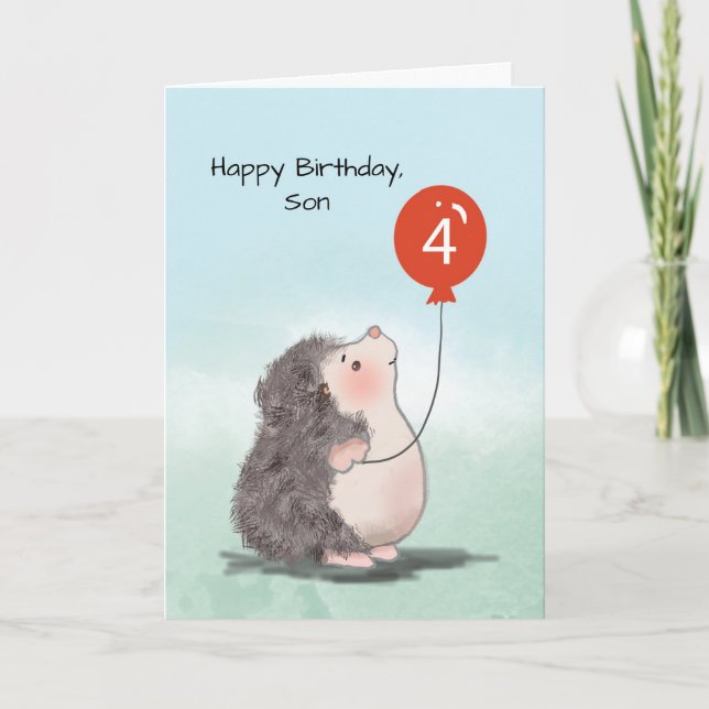 Carte Fils 4Anniversaire mignon Hérisson avec ballon (Devant)
