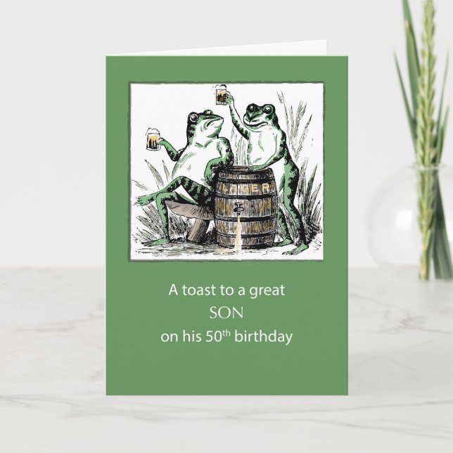 Carte Fils 50e Anniversaire Grenouilles Toasting avec bi (Devant)