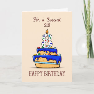 Carte Fils 8e anniversaire, 8 sur Gâteau bleu doux