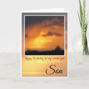 Carte Fils d'anniversaire, soleil brillant derrière les 