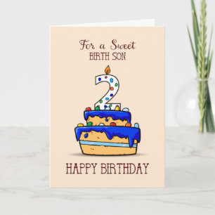 Carte Fils de naissance 2e anniversaire, 2 sur gâteau bl