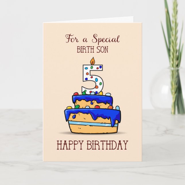 Carte Fils de naissance 5e anniversaire, 5 sur gâteau bl (Devant)