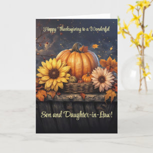Carte Fils et femme Thanksgiving avec Fleurs Citrouilles