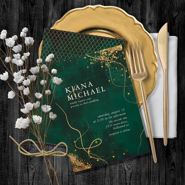 Carte Fine Lines Gold Abstrait Mariage V1 Emerald ID867 (Créateur téléchargé)