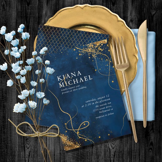 Carte Fine Lines Gold Abstrait Mariage V1 Navy ID867 (Créateur téléchargé)