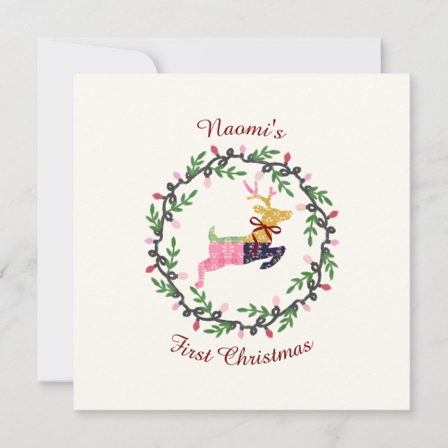 Carte First Christmas Deer with Wreath Customize Card (Devant)