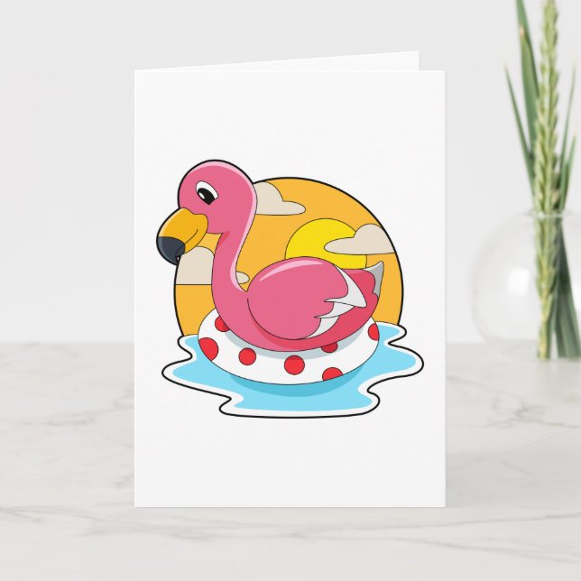 Carte Flamant rose à la baignade avec bouée (Devant)