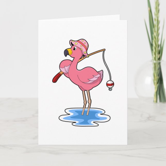 Carte Flamant rose à la pêche avec canne à pêche (Devant)