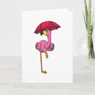 Carte Flamant rose à la pluie avec parapluie