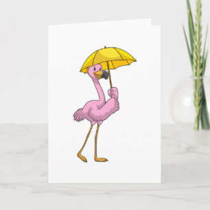Carte Flamant rose à la pluie avec parapluie