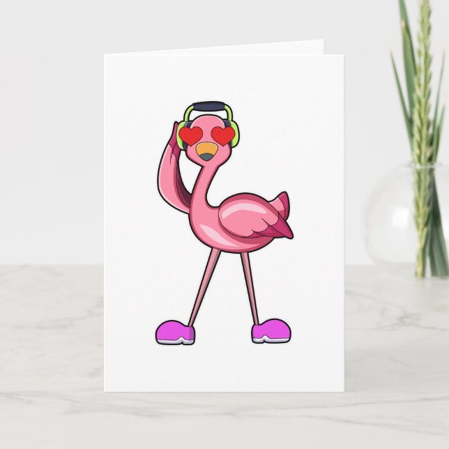 Carte Flamant rose avec casque audio & coeurs (Devant)