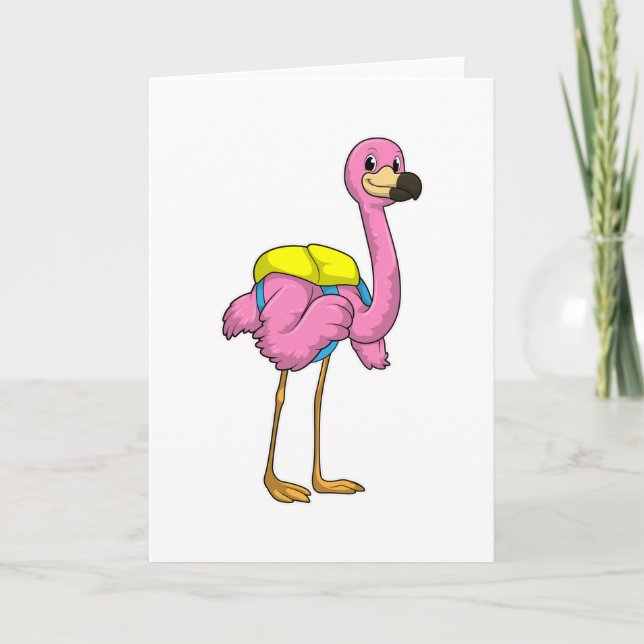 Carte Flamant rose comme élèves avec sac scolaire (Devant)