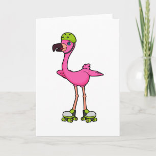 Carte Flamant rose comme Patineur avec Roller Patins & C