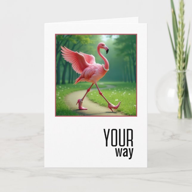 Carte Flamant rose d'anniversaire portant des perles et  (Devant)