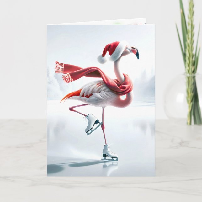 Carte Flamant rose de Noël Patinage sur glace (Devant)