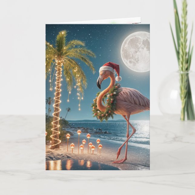 Carte Flamant rose de Noël portant un chapeau de Père No (Devant)