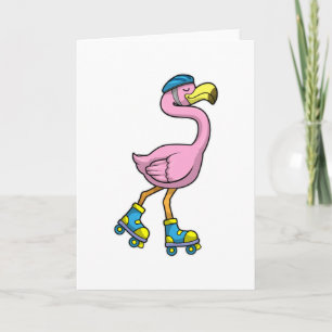 Carte Flamant rose de patinage avec patins et casque