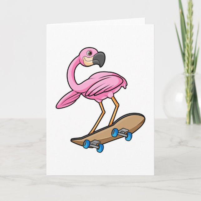 Carte Flamant rose de patineur avec skateboard (Devant)