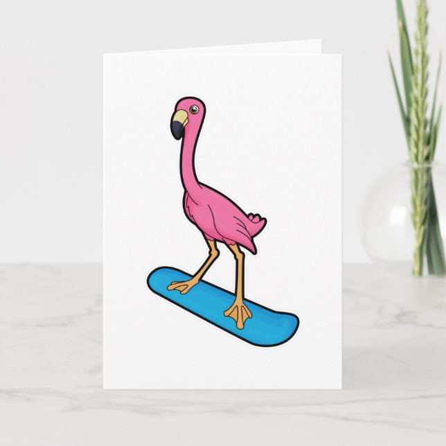 Carte Flamant rose en snowboardeur avec snowboard (Devant)