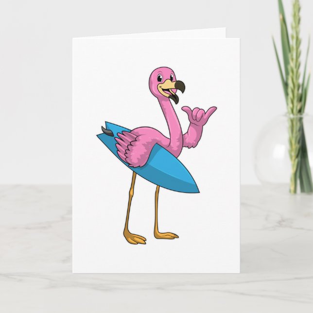 Carte Flamant rose en surfeur avec planche de surf (Devant)