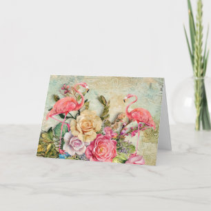 Carte Flamant rose florale Shabby Chic Watercolor
