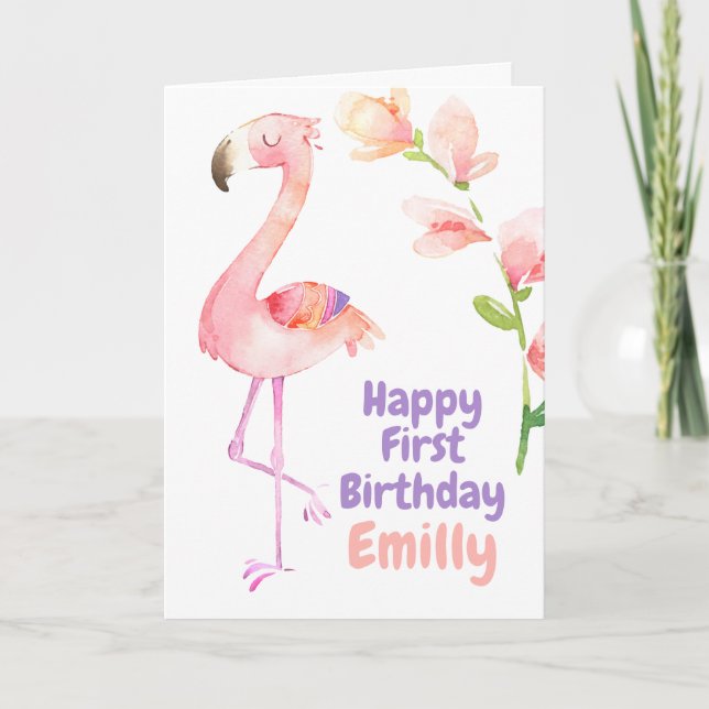 Carte Flamant rose Premier anniversaire Joyeux 1er anniv (Devant)