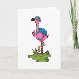 Carte Flamant rose randonneur avec sac à dos
